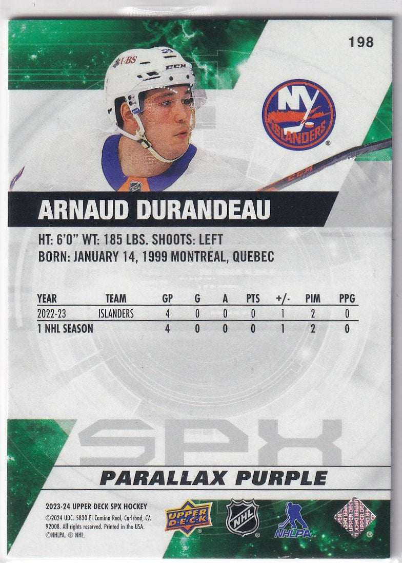 2023-24 SPx Hockey Parallax Purple #/149 #198 New York Islanders, Arnaud Durandeau
