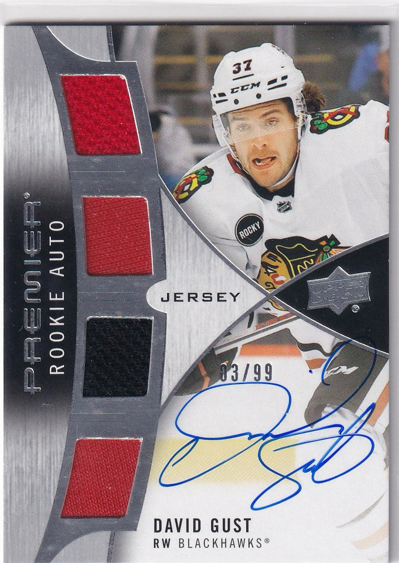 2023-24 Upper Deck Premier Hockey 2023 Premier Rookie Auto Jersey #/99 #PRA-GU Chicago Blackhawks, David Gust