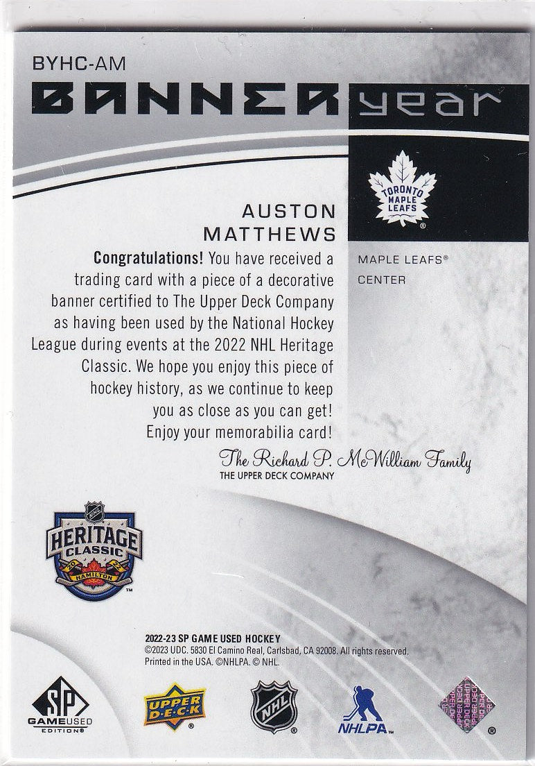 2022-23 SP Game Used Hockey 2022 NHL Heritage Classic Banner Year Relics #BYHC-AM Toronto Maple Leafs (Auston Matthews)