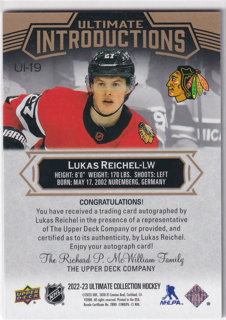 2022-23 Upper Deck Ultimate Collection Hockey Ultimate Introductions Auto #UI-19 Chicago Blackhawks (Lukas Reichel)