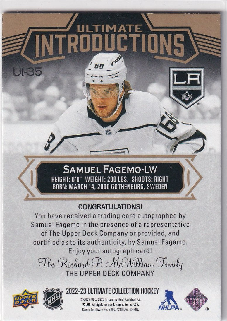 2022-23 Upper Deck Ultimate Collection Hockey Ultimate Introductions Auto #UI-35 Los Angeles Kings (Samuel Fagemo)