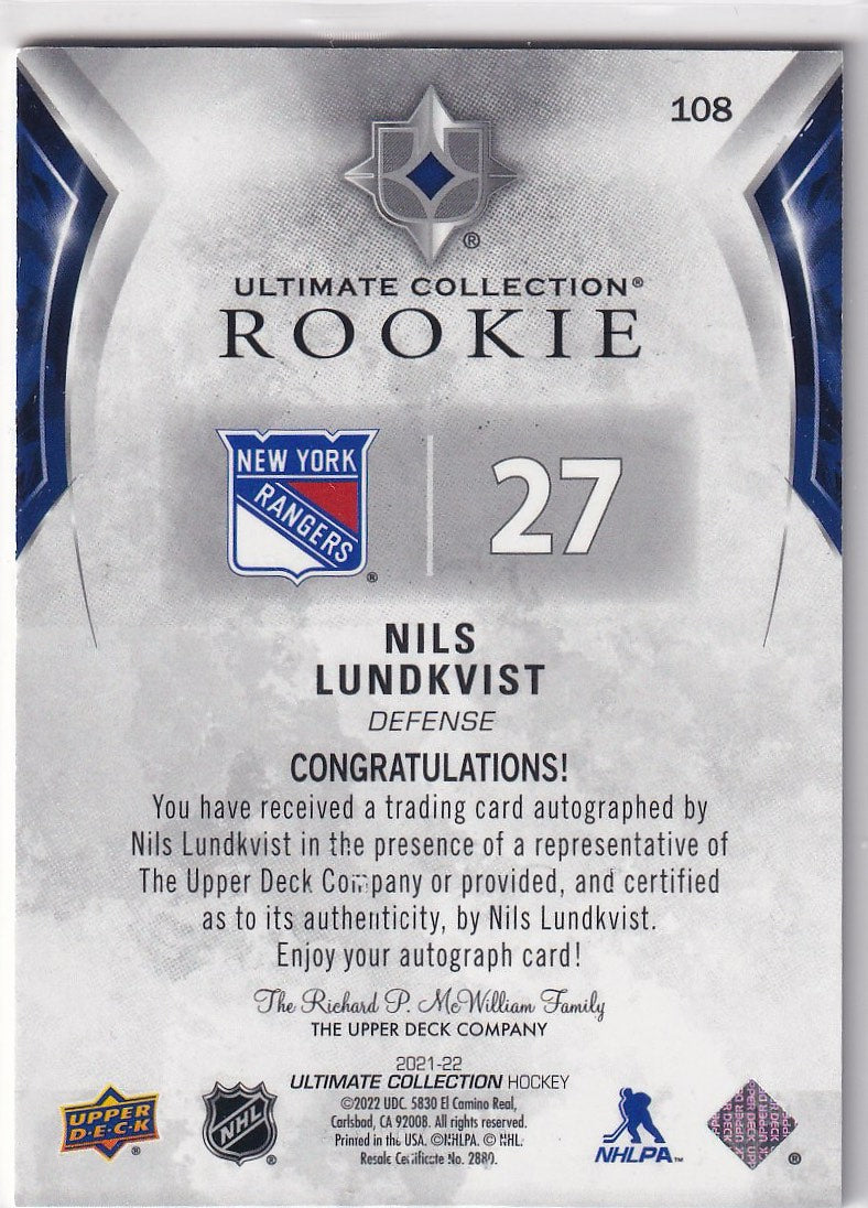 2021-22 Upper Deck Ultimate Collection Hockey Auto #108 New York Rangers (Nils Lundkvist)