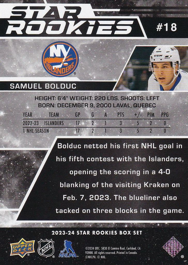 2023-24 Upper Deck NHL Star Rookies Box Set Hockey #18 New York Islanders, Samuel Bolduc