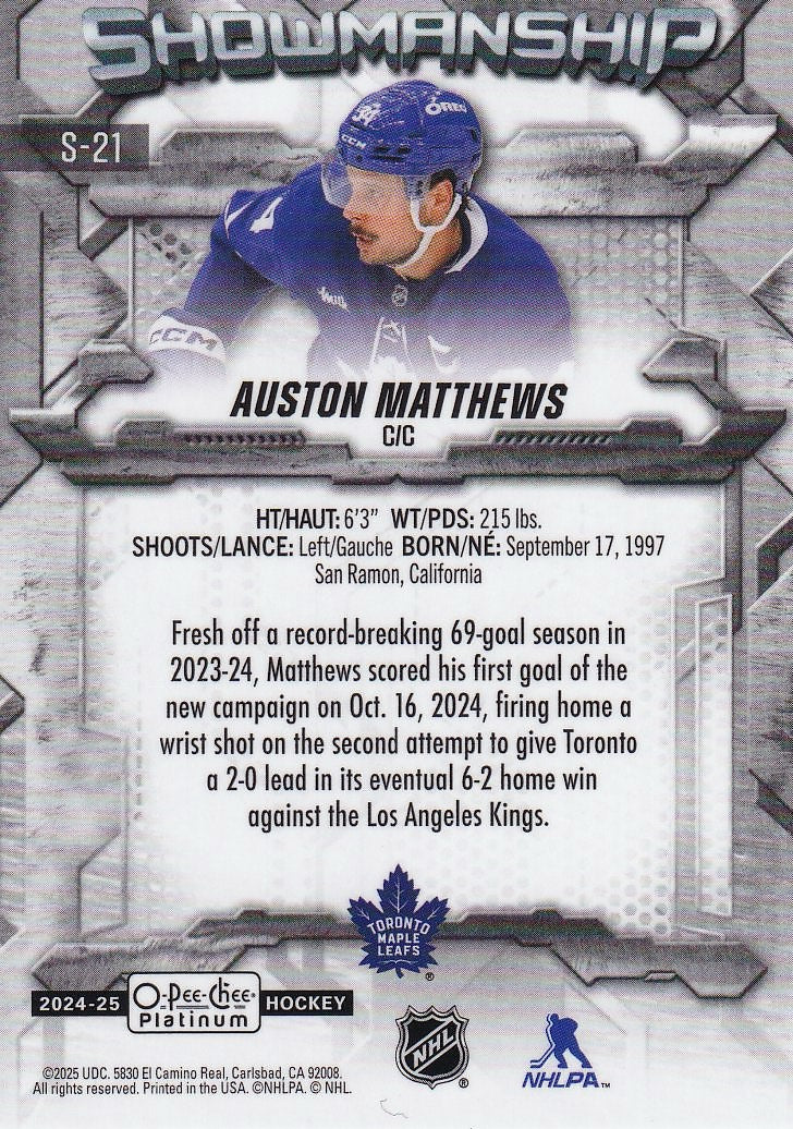 2024-25 O-Pee-Chee Platinum Hockey Showmanship #S-21 Toronto Maple Leafs, Auston Matthews