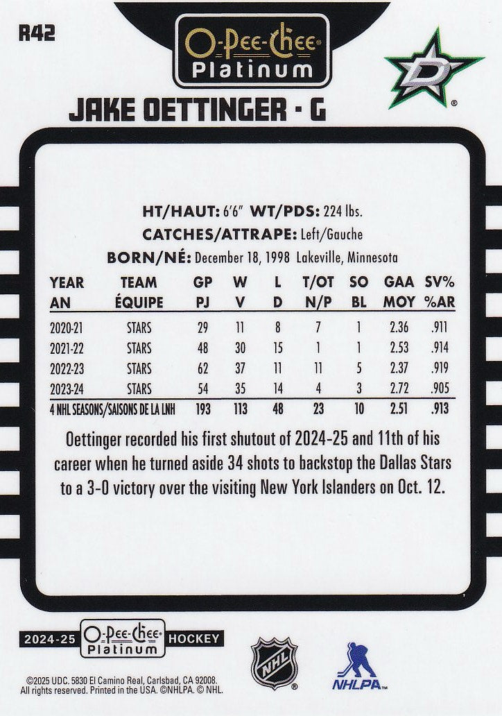 2024-25 O-Pee-Chee Platinum Hockey Retro #R42 Dallas Stars, Jake Oettinger