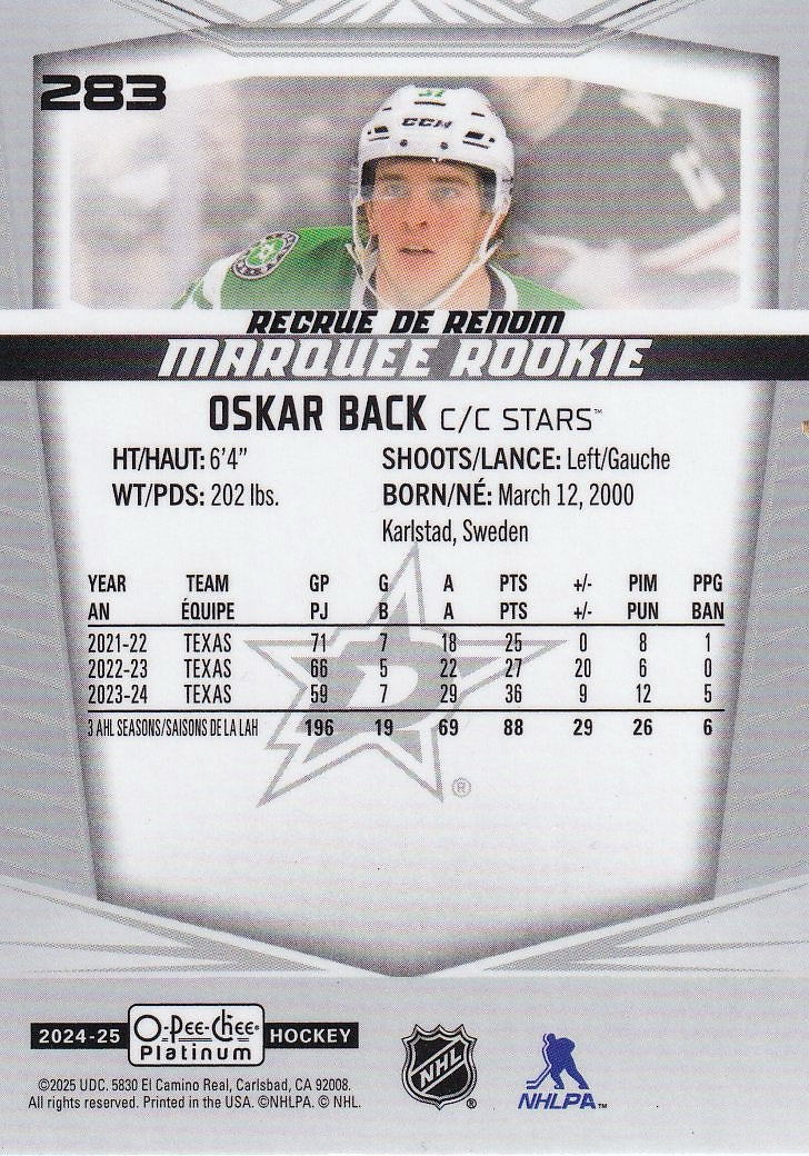 2024-25 O-Pee-Chee Platinum Hockey #283 Dallas Stars, Oskar Back