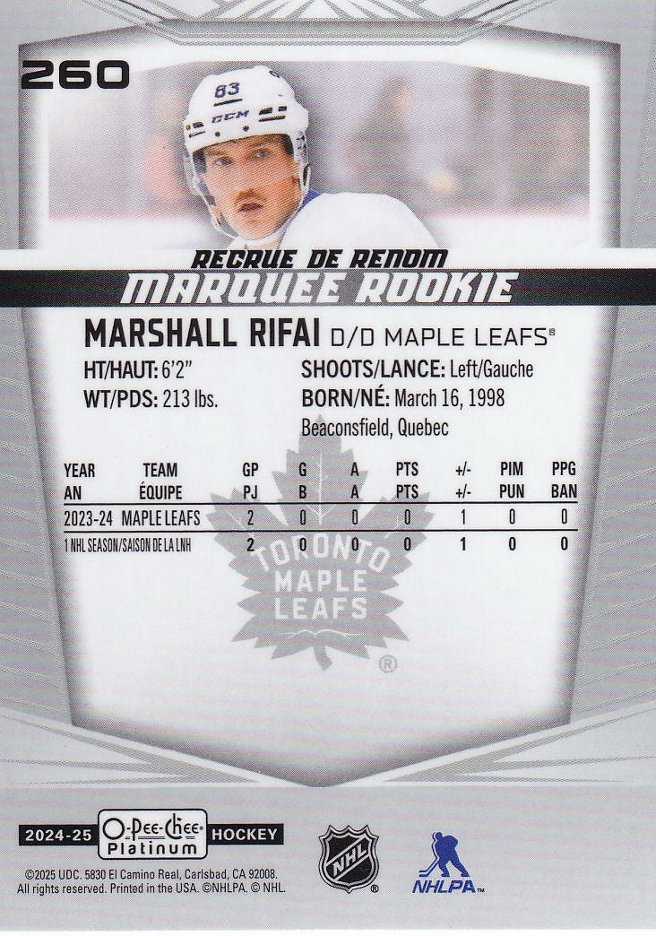 2024-25 O-Pee-Chee Platinum Hockey #260 Toronto Maple Leafs, Marshall Rifai