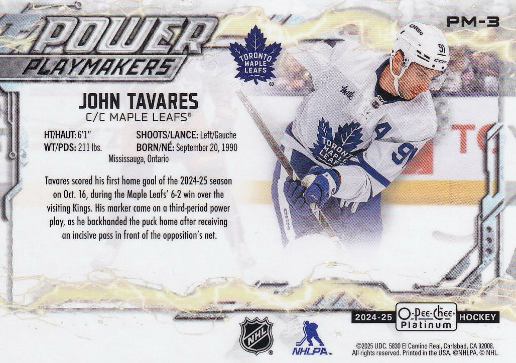 2024-25 O-Pee-Chee Platinum Hockey Power Playmakers #PM-3 Toronto Maple Leafs, John Tavares