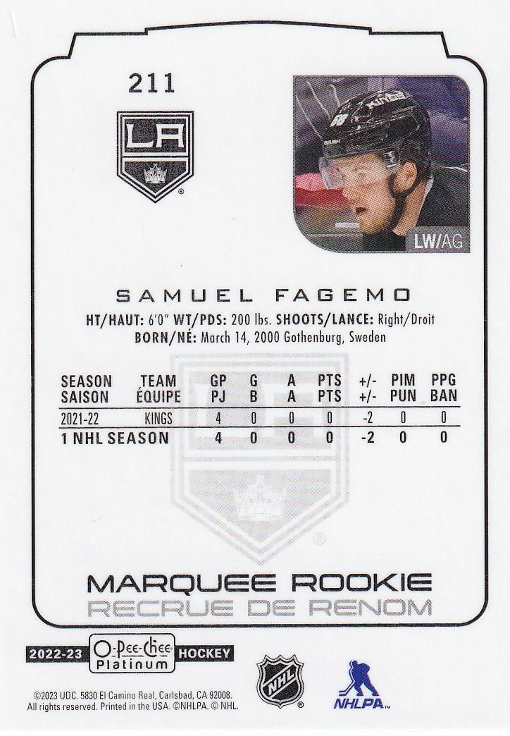 2022-23 O-Pee-Chee Platinum Hockey #211 Los Angeles Kings, Samuel Fagemo