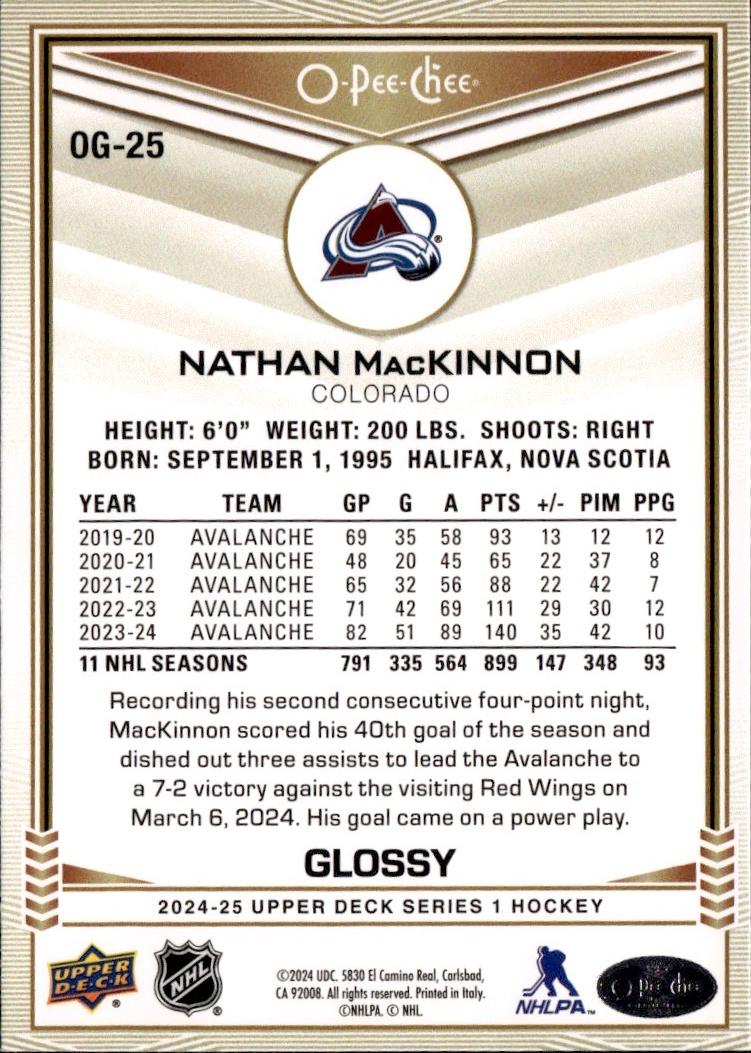 2024-25 Upper Deck Series 1 Hockey O-Pee-Chee Glossy #OG-25 Colorado Avalanche, Nathan MacKinnon