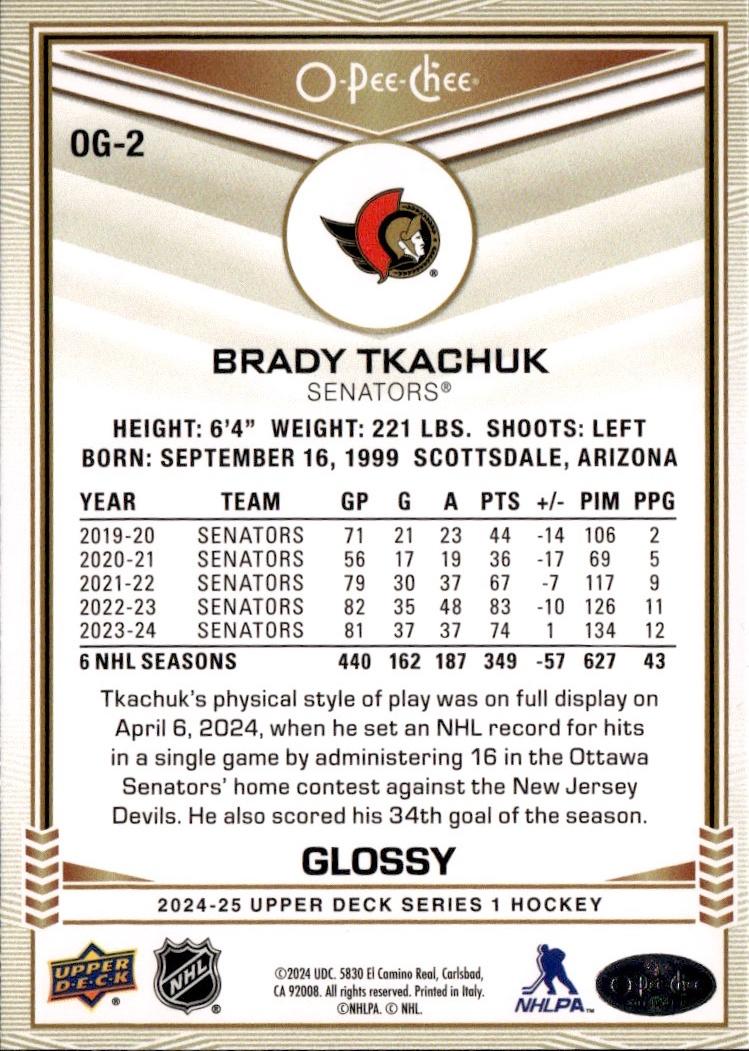2024-25 Upper Deck Series 1 Hockey O-Pee-Chee Glossy Gold #OG-2 Ottawa Senators, Brady Tkachuk