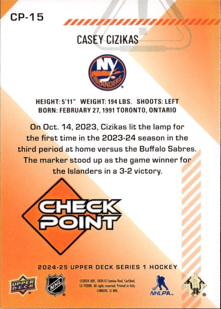 2024-25 Upper Deck Series 1 Hockey Checkpoint Speckle #CP-15 New York Islanders, Casey Cizikas