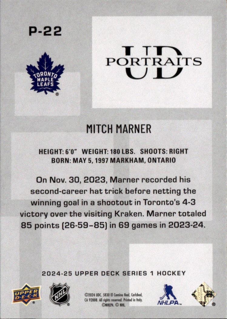 2024-25 Upper Deck Series 1 Hockey UD Portraits #P-22 Toronto Maple Leafs, Mitch Marner