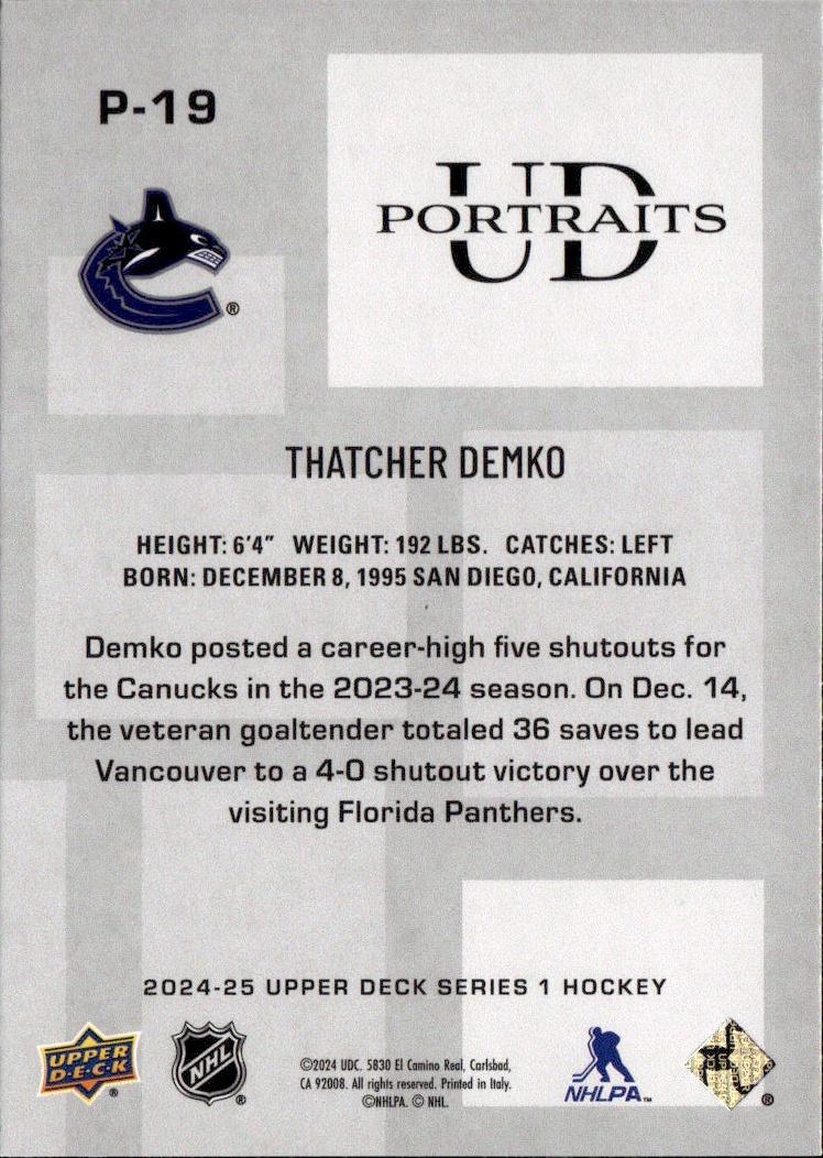 2024-25 Upper Deck Series 1 Hockey UD Portraits #P-19 Vancouver Canucks, Thatcher Demko