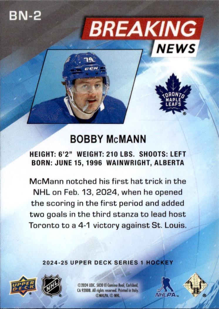 2024-25 Upper Deck Series 1 Hockey Breaking News #BN-2 Toronto Maple Leafs, Bobby McMann