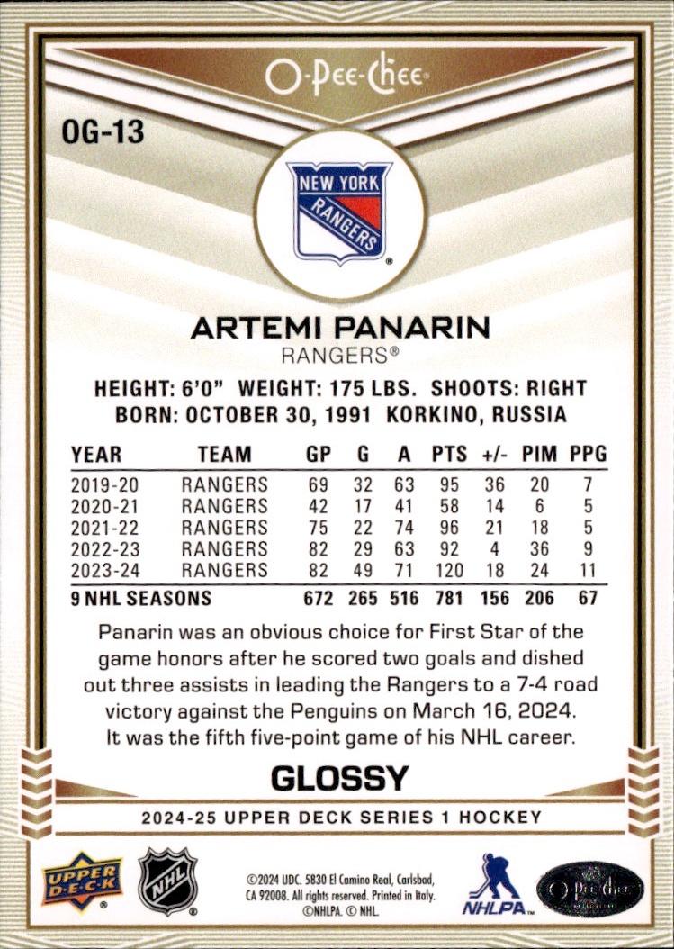 2024-25 Upper Deck Series 1 Hockey O-Pee-Chee Glossy Gold #OG-13 New York Rangers, Artemi Panarin