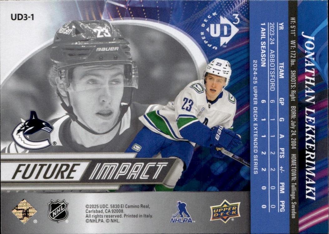 2024-25 Upper Deck Extended Series Hockey UD3 #UD3-1 Vancouver Canucks, Jonathan Lekkerimaki