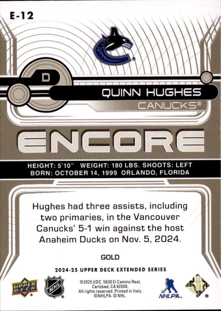 2024-25 Upper Deck Extended Series Hockey Encore Gold #E-12 Vancouver Canucks, Quinn Hughes
