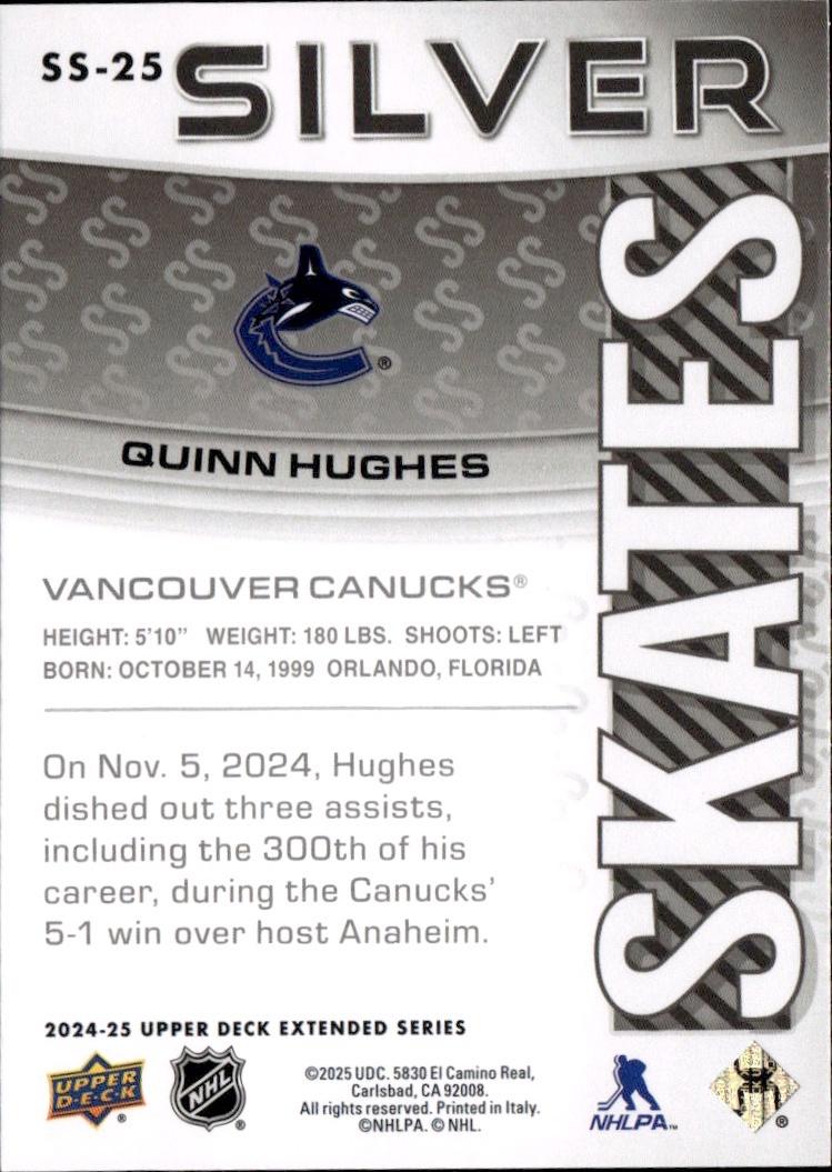 2024-25 Upper Deck Extended Series Hockey Silver Skates #SS-25 Quinn Hughes Vancouver Canucks, Quinn Hughes