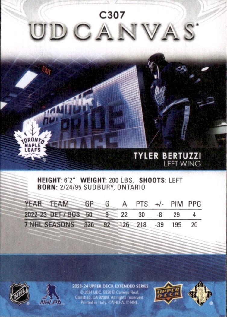 2023-24 Upper Deck Extended Series Hockey UD Canvas #C307 Toronto Maple Leafs, Tyler Bertuzzi
