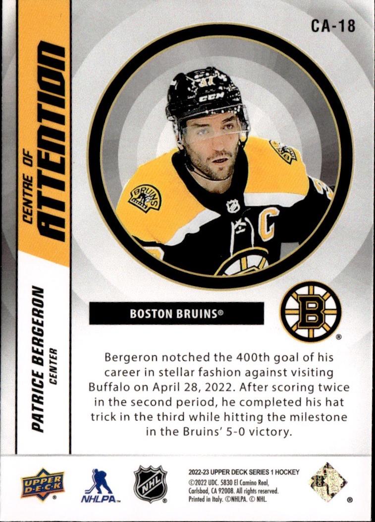 2022-23 Upper Deck Series 1 Hockey Centre of Attention #CA-18 Boston Bruins, Patrice Bergeron
