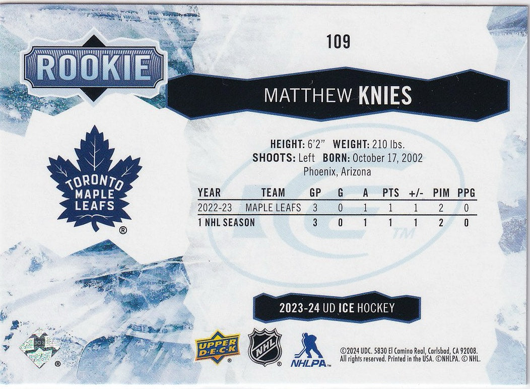 2023-24 Upper Deck Ice Hockey #109 Toronto Maple Leafs, Matthew Knies