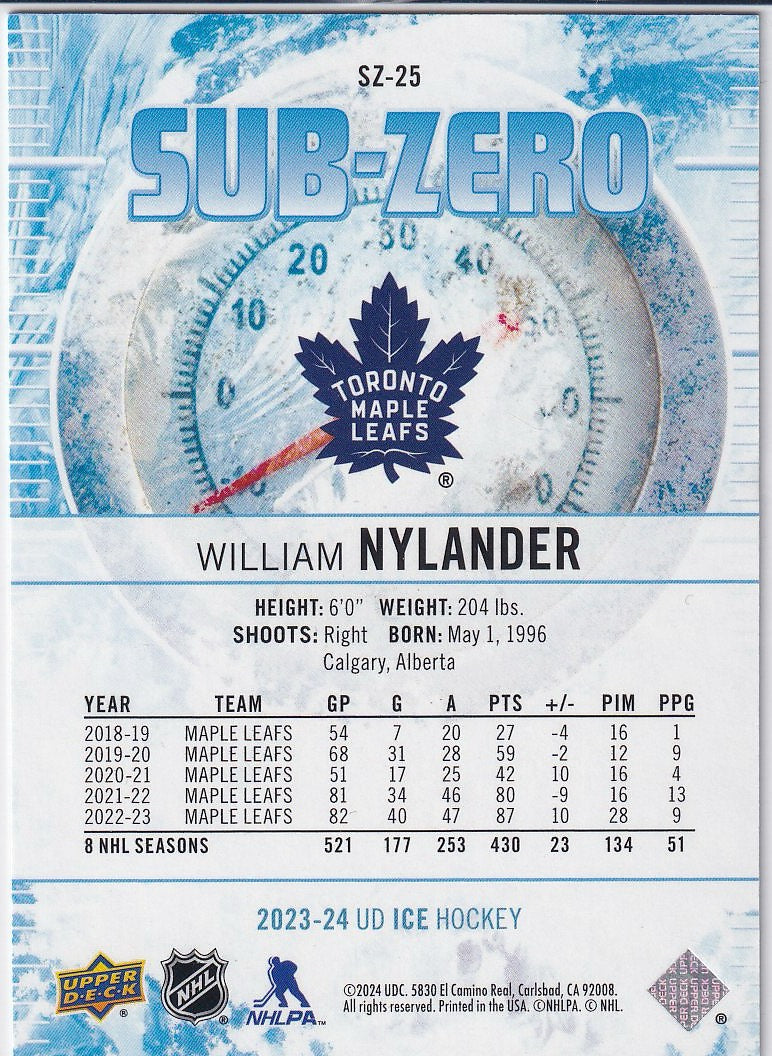 2023-24 Upper Deck Ice Hockey Sub Zero #SZ-25 Toronto Maple Leafs, William Nylander