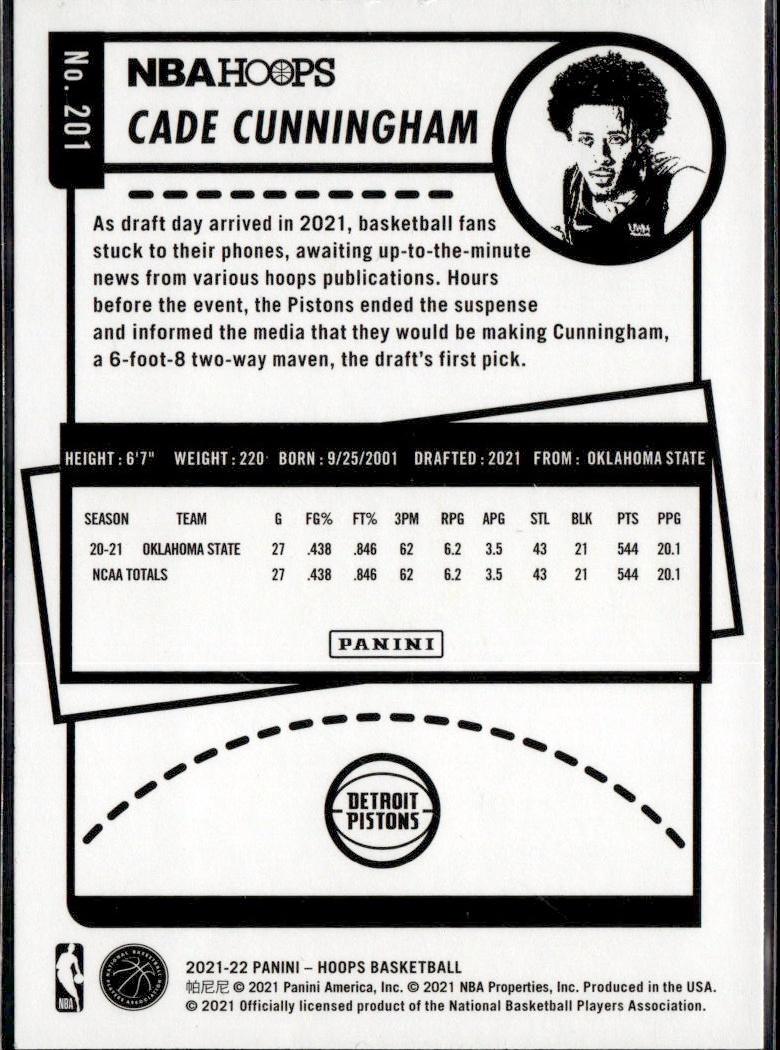 2021-22 Hoops Basketball - Base #201 Detroit Pistons, Cade Cunningham