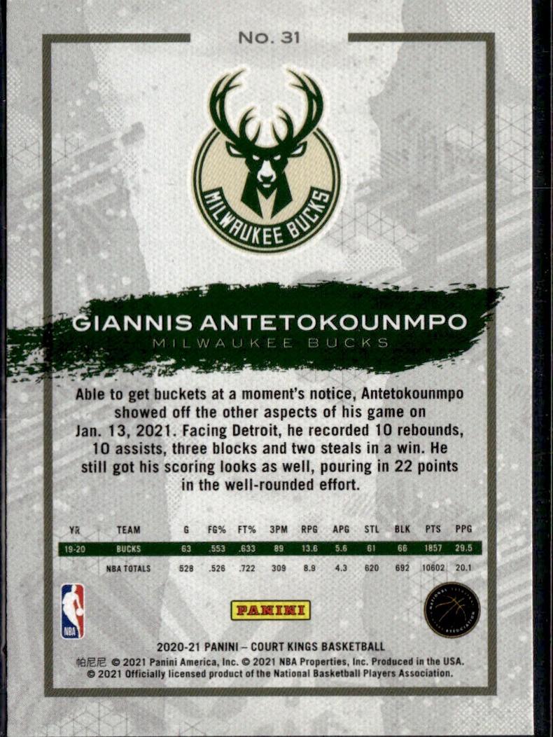 2020-21 Panini Court Kings Basketball - Base #31 Milwaukee Bucks, Giannis Antetokounmpo