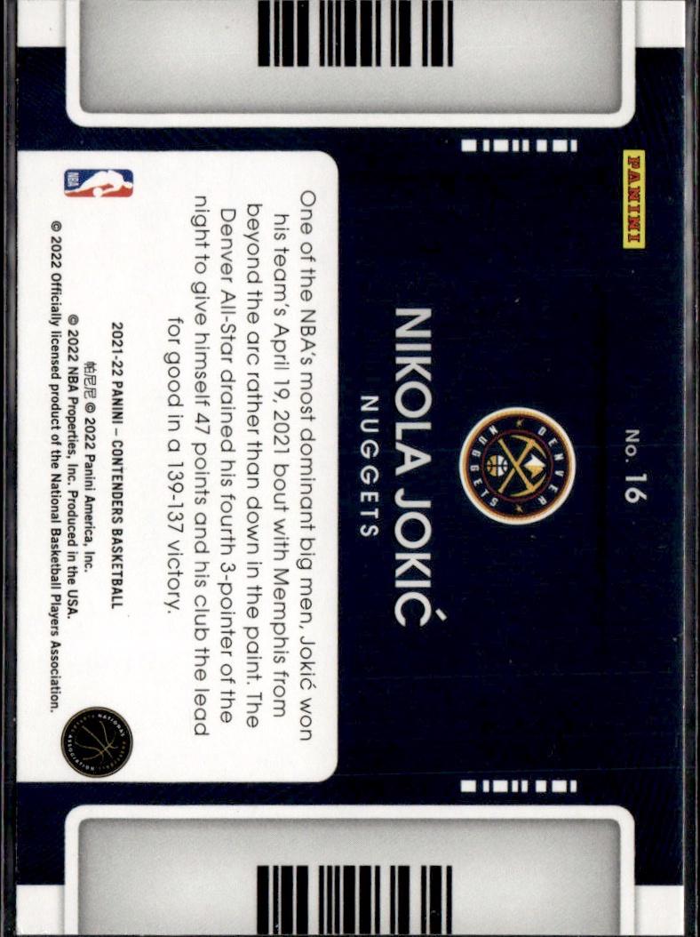 2021-22 Panini Contenders Basketball - Game Night Ticket #16 Nikola Jokic Denver Nuggets (Nikola Jokic)