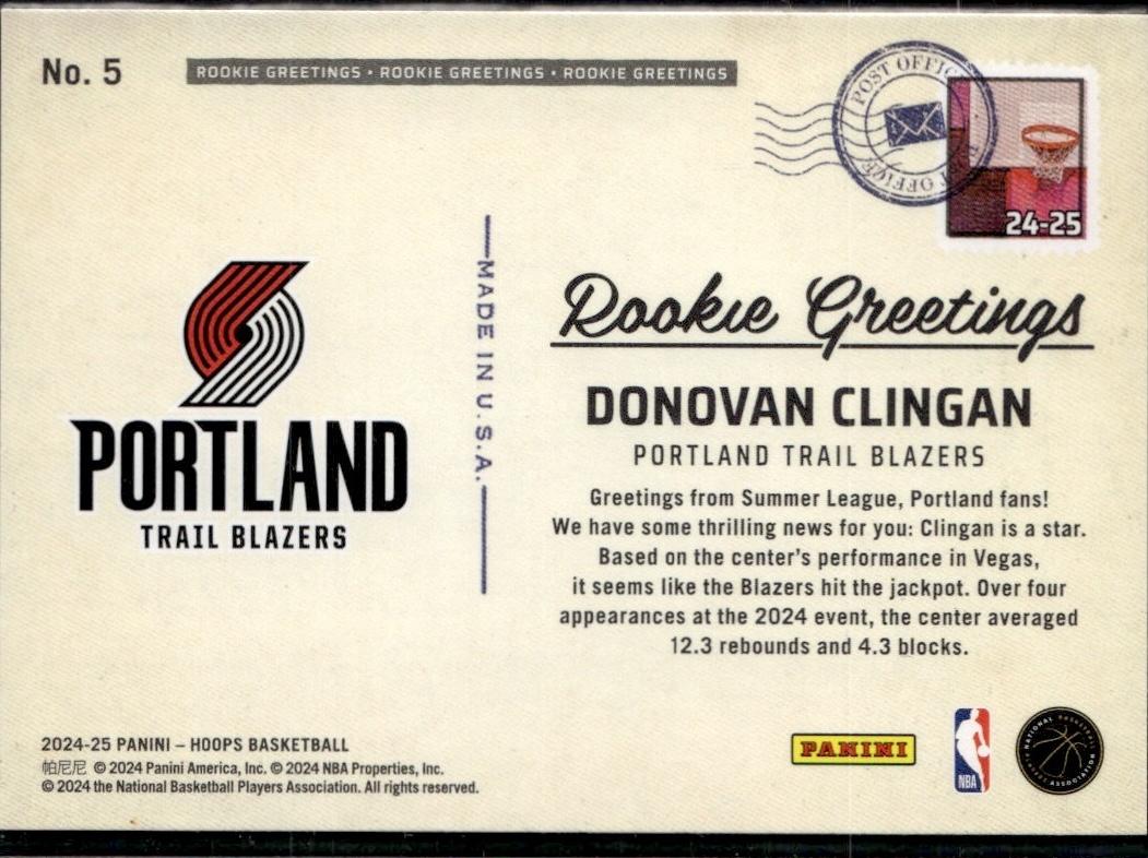 2024-25 Hoops Basketball - Rookie Greetings #5 Donovan Clingan Portland Trail Blazers