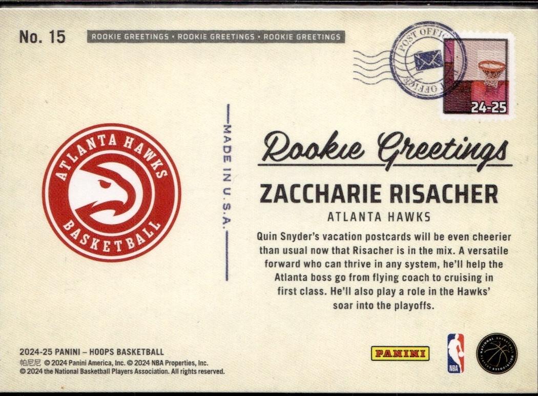 2024-25 Hoops Basketball - Rookie Greetings #15 Zaccharie Risacher Atlanta Hawks,