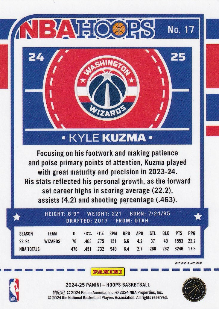 2024-25 Hoops Basketball - Base Prizms #17 Washington Wizards, Kyle Kuzma
