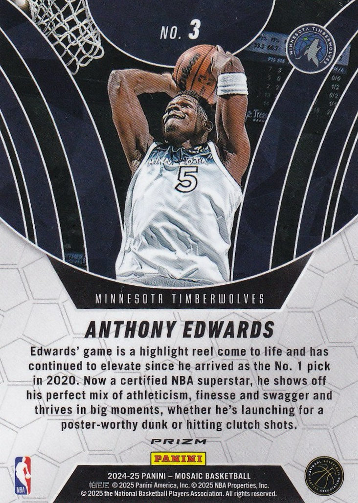 2024-25 Panini Mosaic Basketball Elevate Mosaic #3 Minnesota Timberwolves, Anthony Edwards