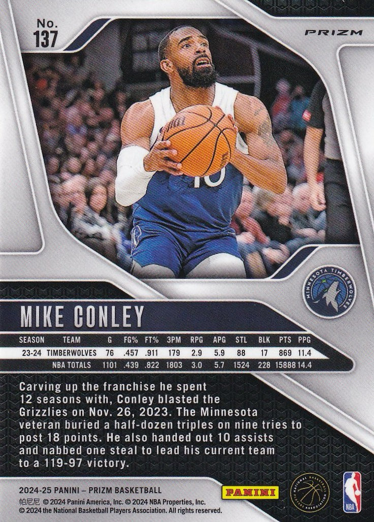 2024-25 Panini Prizm Basketball - Base Prizms Pink Ice #137 Minnesota Timberwolves, Mike Conley