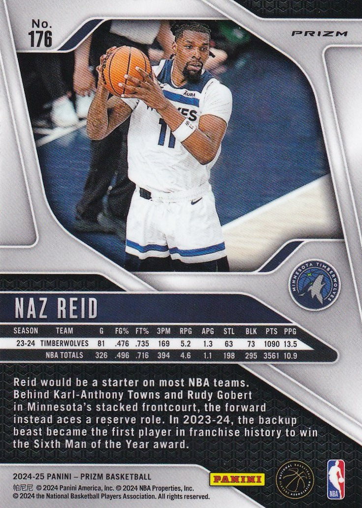 2024-25 Panini Prizm Basketball - Base Prizms Pink Ice #176 Minnesota Timberwolves, Naz Reid