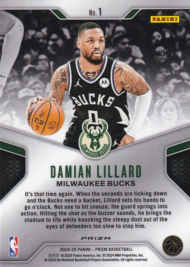 2024-25 Panini Prizm Basketball Dominance Prizms Silver #1 Milwaukee Bucks, Damian Lillard