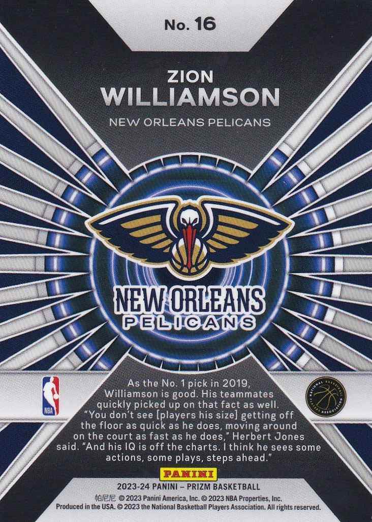 2023-24 Panini Prizm Basketball Dominance #16 New Orleans Pelicans, Zion Williamson