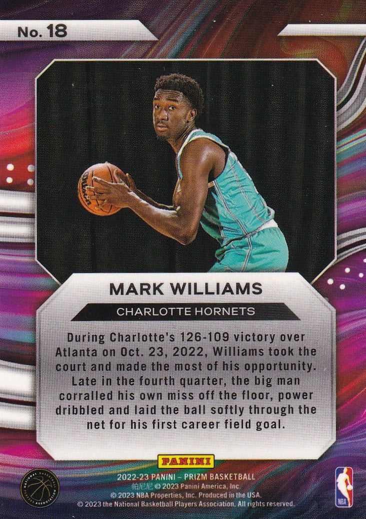 2022-23 Panini Prizm Basketball Instant Impact #18 Charlotte Hornets, Mark Williams