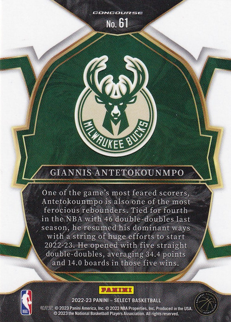 2022-23 Panini Select Basketball - Base #61 Milwaukee Bucks, Giannis Antetokounmpo