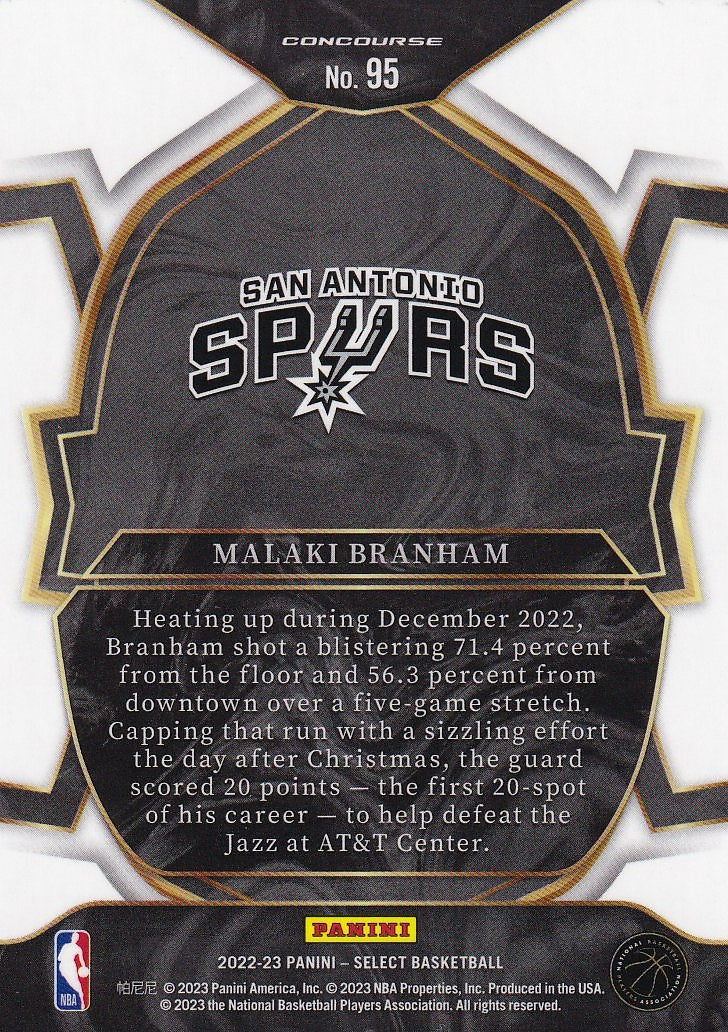 2022-23 Panini Select Basketball Blue (Retail Base) #95 San Antonio Spurs, Malaki Branham