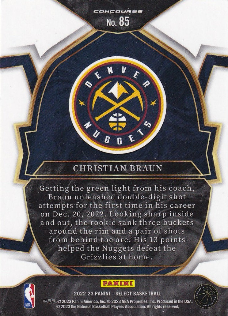 2022-23 Panini Select Basketball Blue (Retail Base) #85 Denver Nuggets, Christian Braun