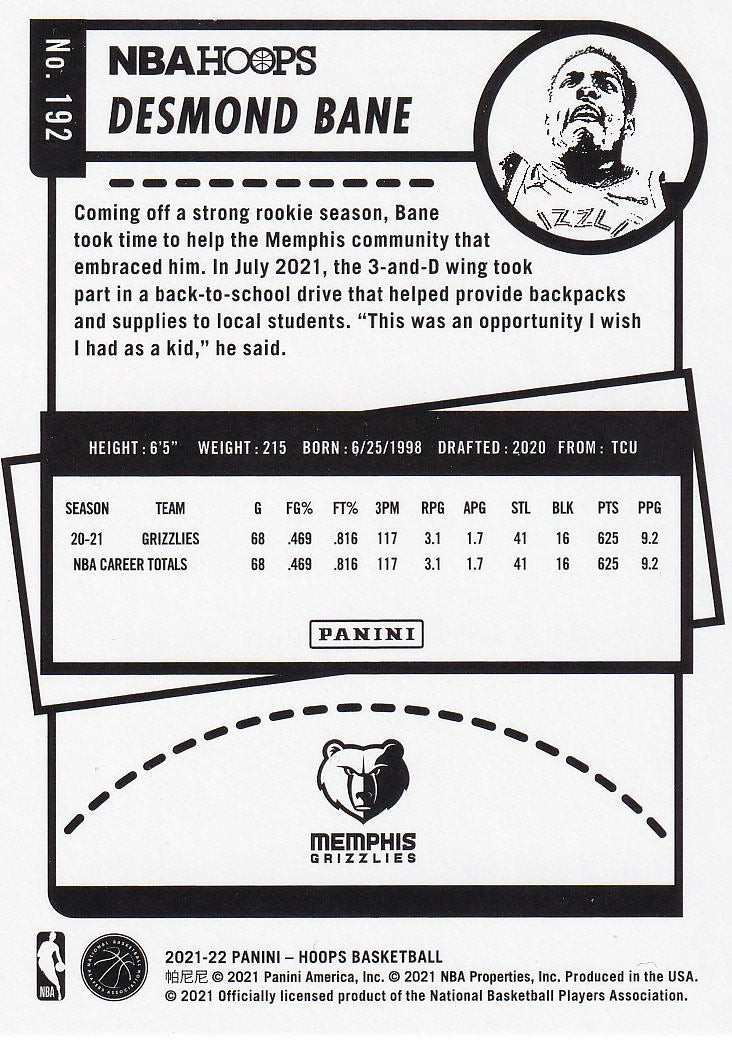 2021-22 Hoops Basketball - Base Teal Explosion #192 Memphis Grizzlies (Desmond Bane)