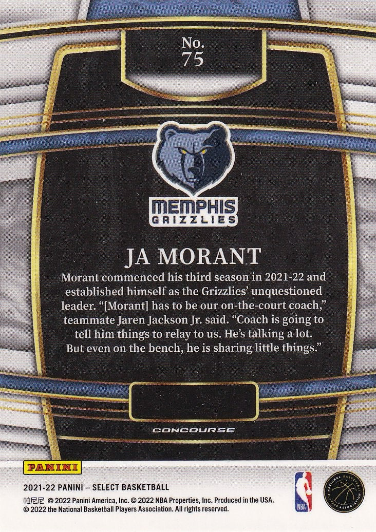 2021-22 Panini Select Basketball - Base #75 Memphis Grizzlies (Ja Morant)