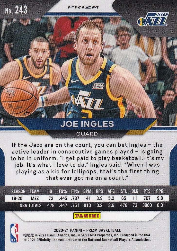 2020-21 Panini Prizm Basketball Silver Prizms #243 Utah Jazz, Joe Ingles