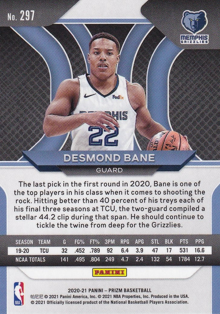 2020-21 Panini Prizm Basketball #297 Memphis Grizzlies, Desmond Bane