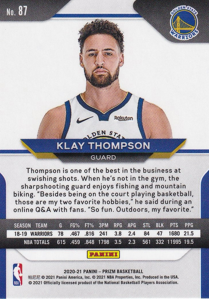 2020-21 Panini Prizm Basketball #87 Golden State Warriors, Klay Thompson