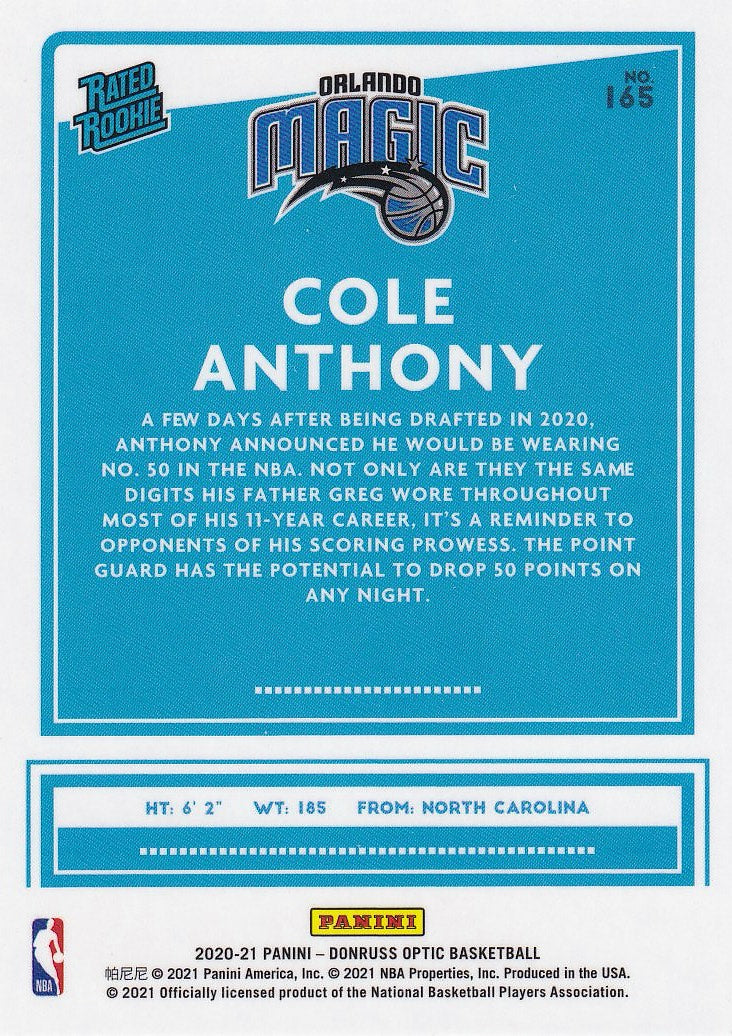 2020-21 Donruss Optic Basketball #165 Orlando Magic (Cole Anthony)