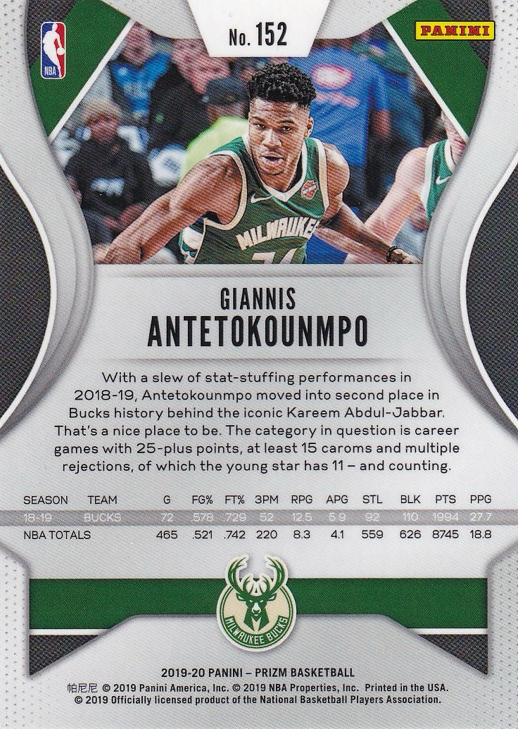 2019-20 Panini Prizm Basketball - Base #152 Giannis Antetokounmpo Milwaukee Bucks,