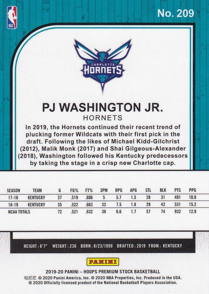 2019-20 Hoops Premium Stock Basketball - Base #209 PJ Washington Jr. Charlotte Hornets,